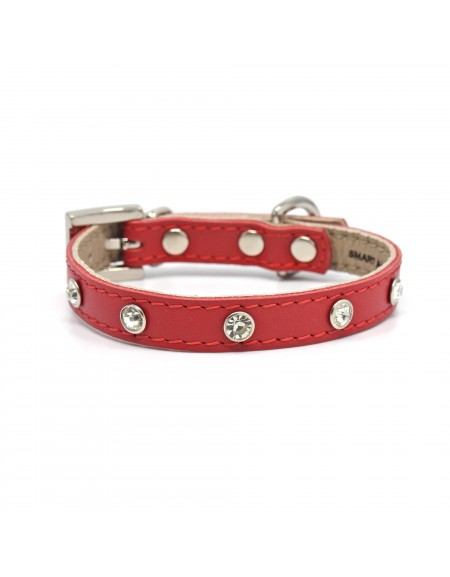 Skórzana obroża dla małego psa, kolekcja GLAMOUR, kolor czerwony, cyrkonie 22 cm - 28 cm, 1 cm
