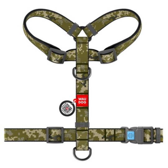 Collar WauDog Nylon Szelki nylonowe anatomiczne w kształcie litery H, z QR-paszportem, plastikowy fastex, wzór MILITARY, rozmiar