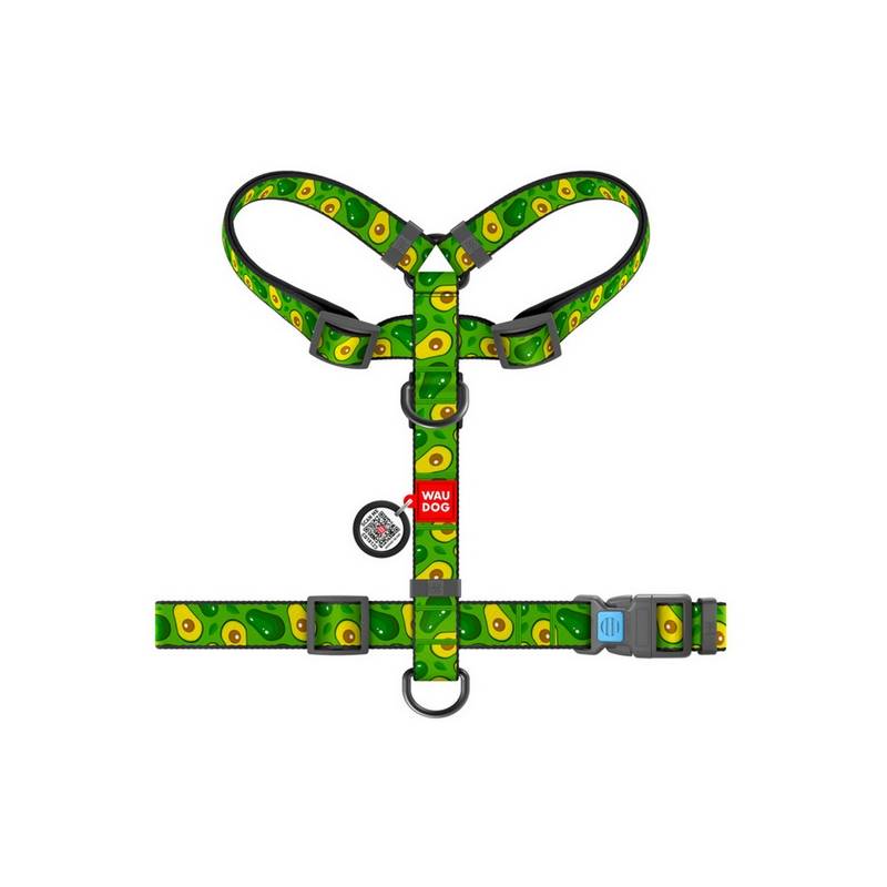 Collar WauDog Nylon Szelki nylonowe anatomiczne w kształcie litery H, z QR-paszportem, plastikowy fastex, wzór AWOKADO, rozmiar 