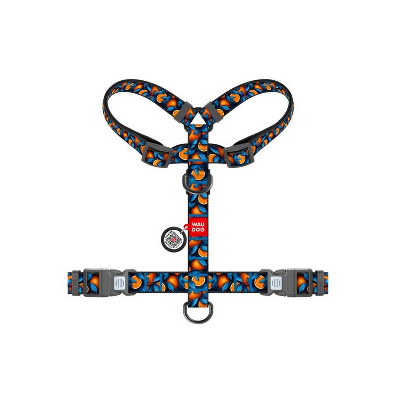 Collar WauDog Nylon Szelki nylonowe anatomiczne w kształcie litery H, z QR-paszportem, plastikowy fastex, wzór POMARAŃCZE, rozmi