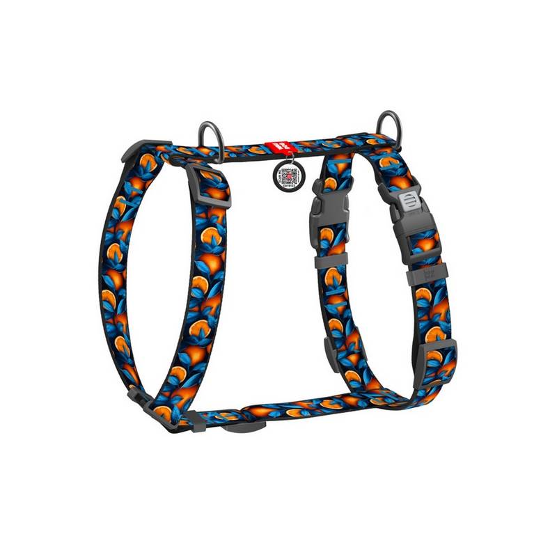 Collar WauDog Nylon Szelki nylonowe anatomiczne w kształcie litery H, z QR-paszportem, plastikowy fastex, wzór POMARAŃCZE, rozmi