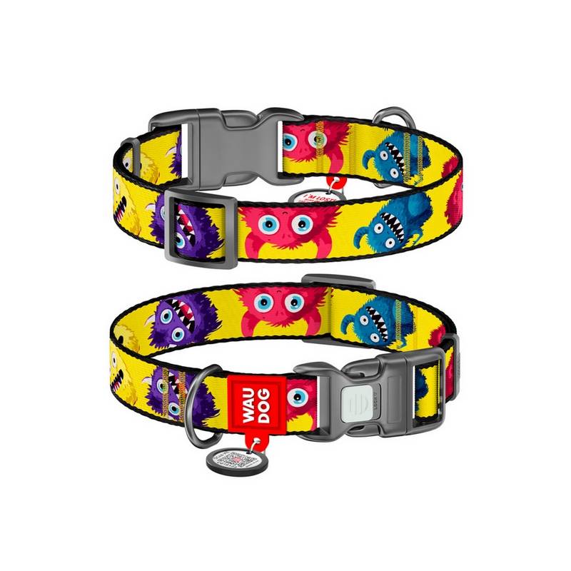 Collar WauDog Nylon Obroża nylonowa z QR-paszportem, plastikowy fastex, wzór FUTRZANE POTWORY, XXL 35mm/46-70cm