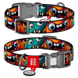 Collar WauDog Nylon Obroża nylonowa z QR-paszportem, plastikowy fastex, wzór ZĘBATE POTWORY, XXL 35mm/46-70cm