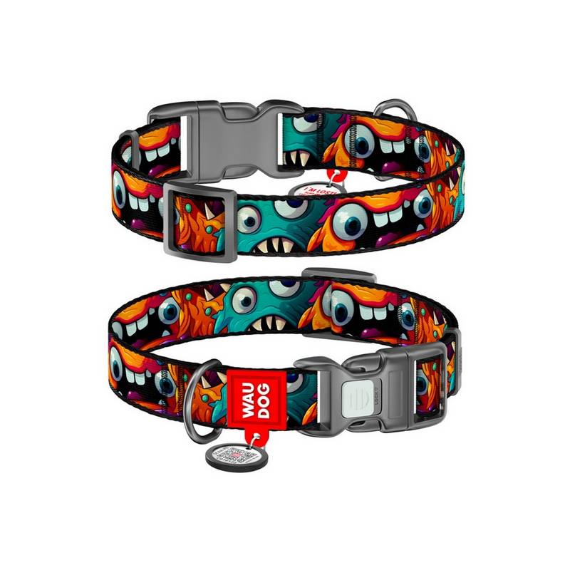 Collar WauDog Nylon Obroża nylonowa z QR-paszportem, plastikowy fastex, wzór ZĘBATE POTWORY, XXL 35mm/46-70cm