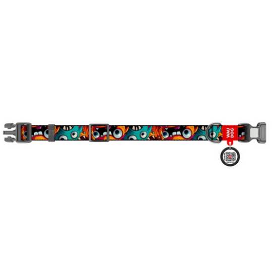 Collar WauDog Nylon Obroża nylonowa z QR-paszportem, plastikowy fastex, wzór ZĘBATE POTWORY, XXL 35mm/46-70cm