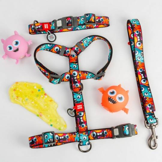 Collar WauDog Nylon Obroża nylonowa z QR-paszportem, plastikowy fastex, wzór ZĘBATE POTWORY, XXL 35mm/46-70cm