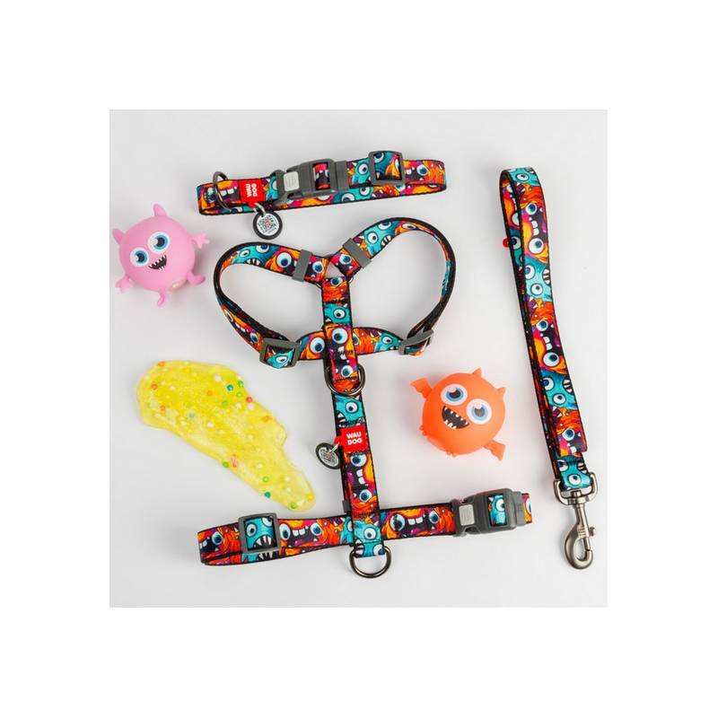 Collar WauDog Nylon Obroża nylonowa z QR-paszportem, plastikowy fastex, wzór ZĘBATE POTWORY, XXL 35mm/46-70cm