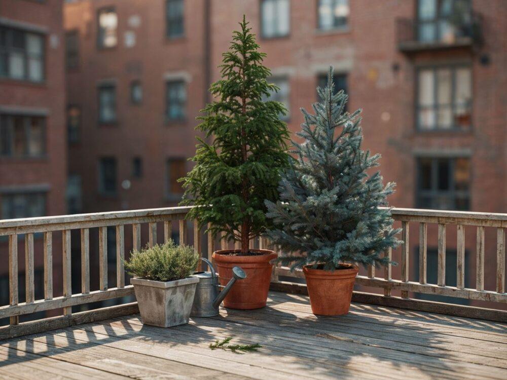 balkon z zielonymi iglakami